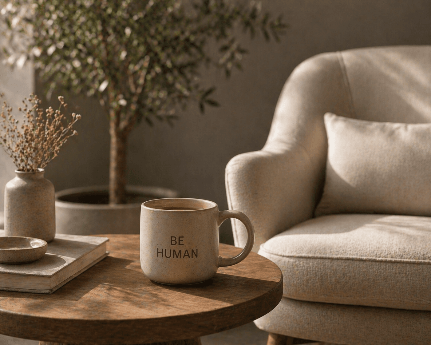 Taza con la frase 'Be Human' sobre una mesita de madera, junto a una butaca crema y un olivo