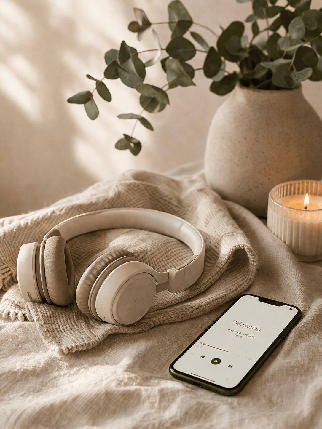 Auriculares y móvil con audio de relajación junto a una vela y ramas verdes
